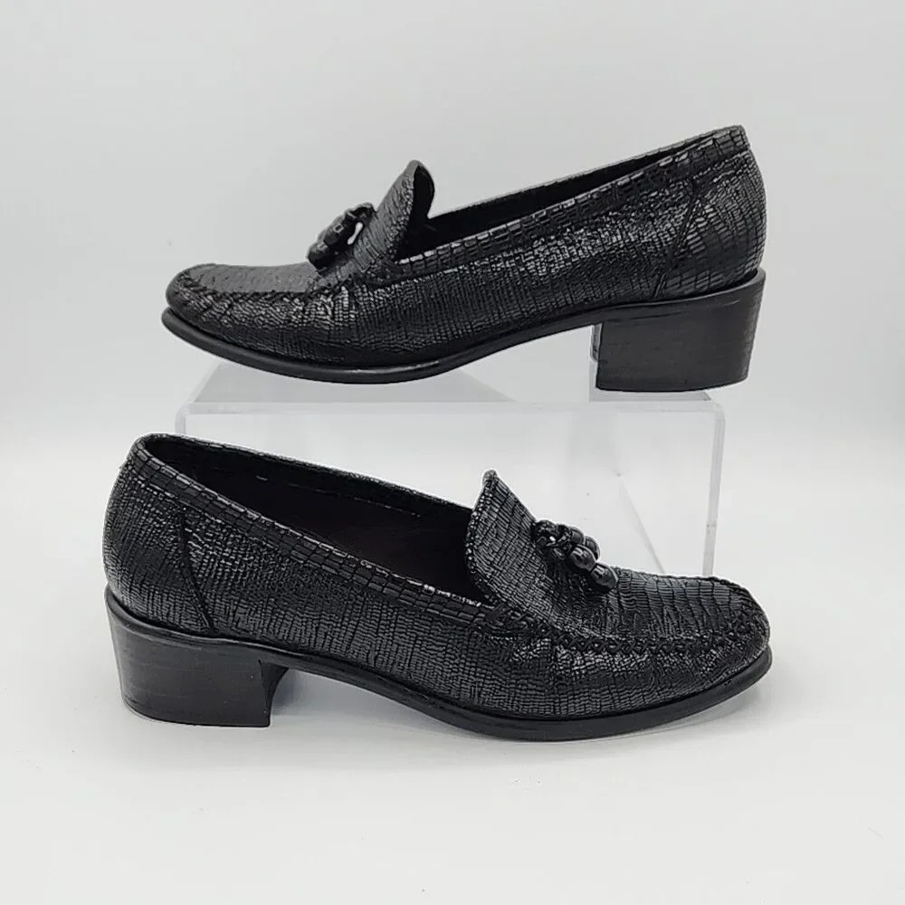 Stuart Weitzman Black Shiny Leather Tassle Loafers Block Heel Size 6.5B